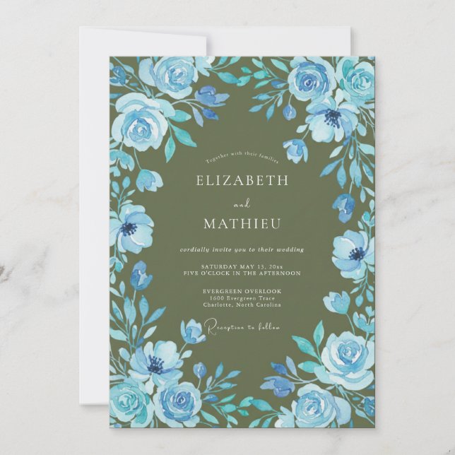 Convites Casamento com Folhas de Azul Oliva (Frente)