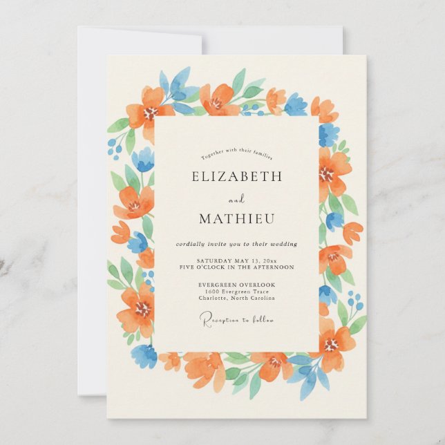 Convites Casamento com Folhas de Azul Tangerina (Frente)
