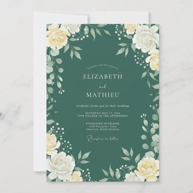 Convites Casamento com Folhas de Azul Teal Profundo (Frente)