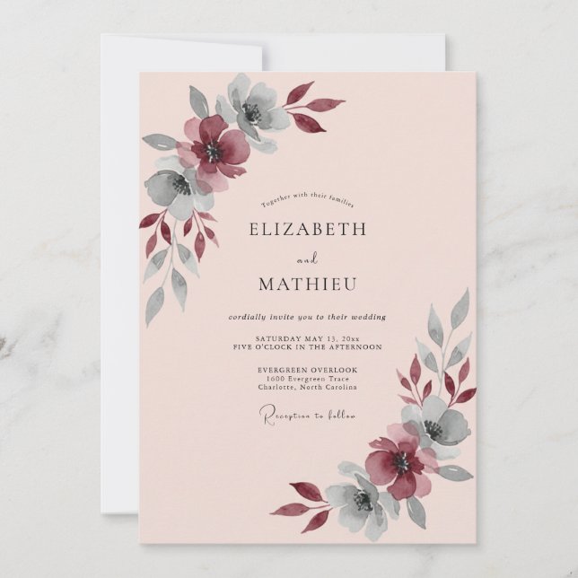 Convites Casamento com Folhas de Borgonha Rosa Malva Suave (Frente)