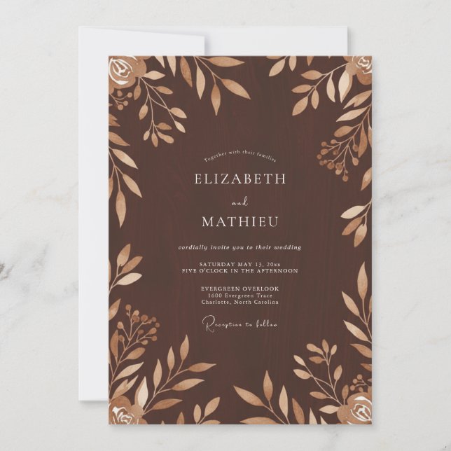 Convites Casamento com Folhas de Bronze em Chocolate (Frente)