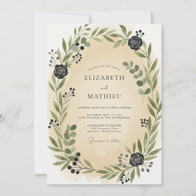 Convites Casamento com Folhas de Carvão Champanhe (Frente)