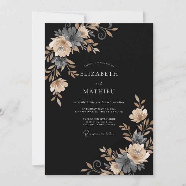 Convites Casamento com Folhas de Champanhe Preto (Frente)