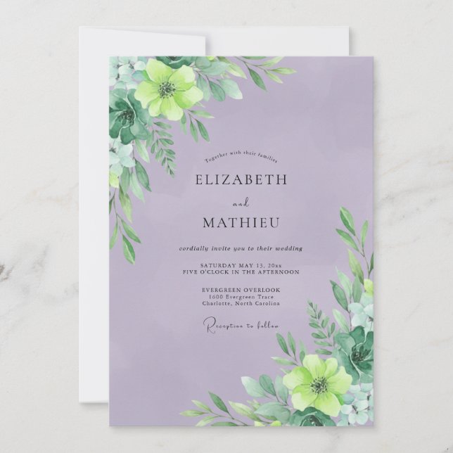 Convites Casamento com Folhas de Chartreuse Roxo (Frente)