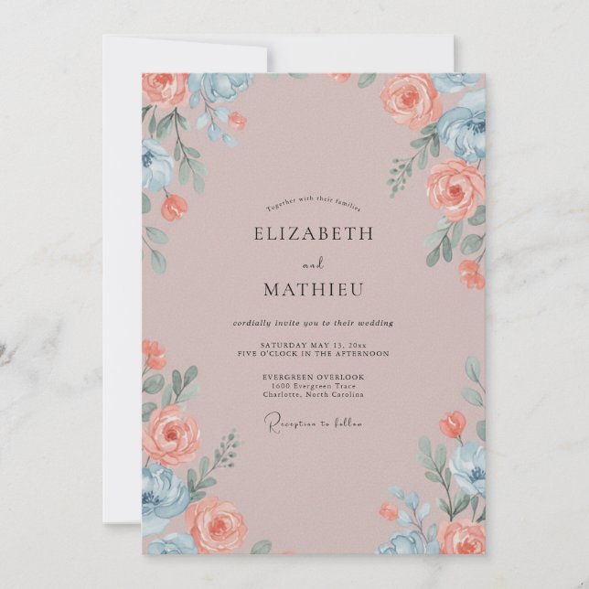 Convites Casamento com Folhas de Cinza Coral (Frente)