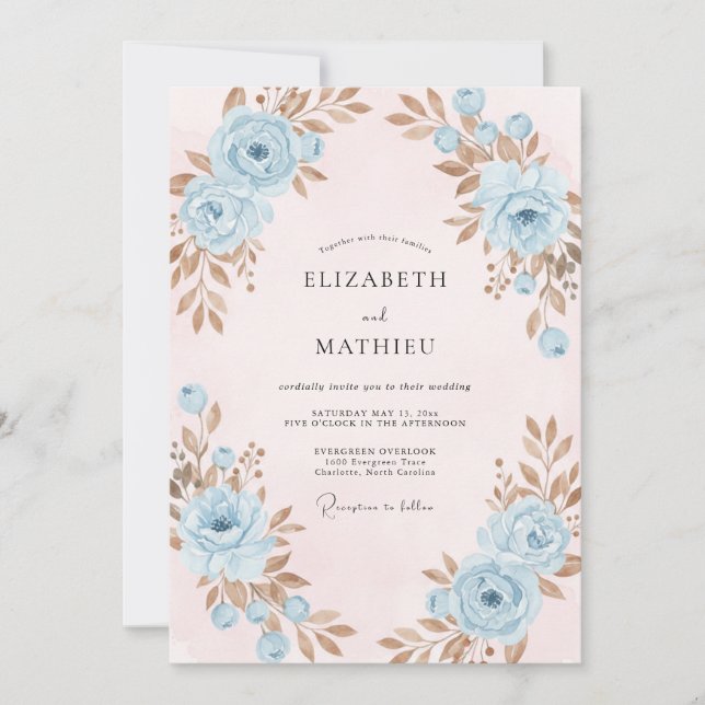 Convites Casamento com Folhas de Cobre Azul Pó (Frente)