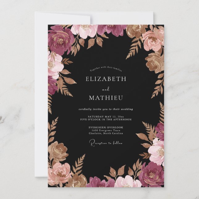 Convites Casamento com Folhas de Cobre Borgonha (Frente)