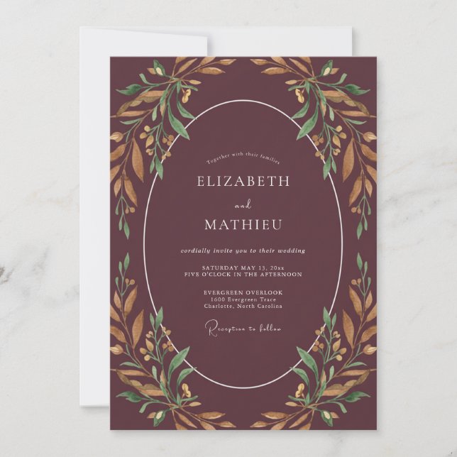 Convites Casamento com Folhas de Cobre e Ameixa (Frente)