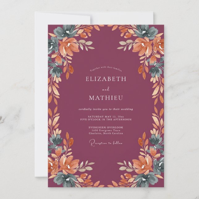 Convites Casamento com Folhas de Cobre Roxo Intenso (Frente)