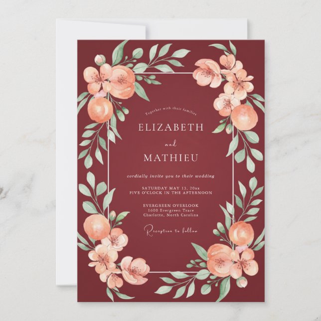 Convites Casamento com Folhas de Coral Borgonha (Frente)