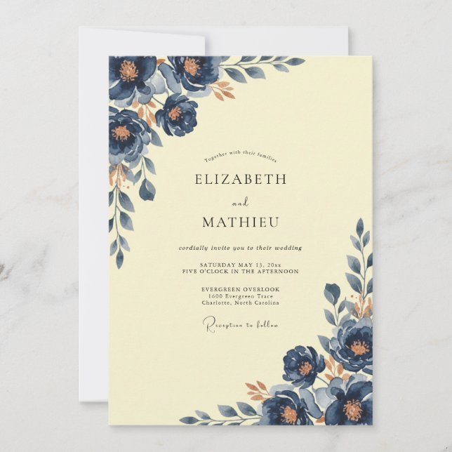 Convites Casamento com Folhas de Creme de Manteiga Índigo (Frente)