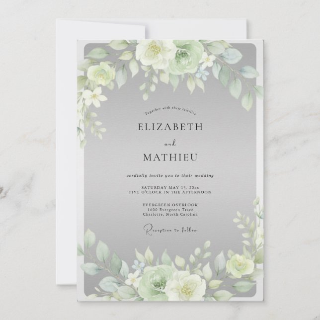 Convites Casamento com Folhas de Creme Prateado (Frente)