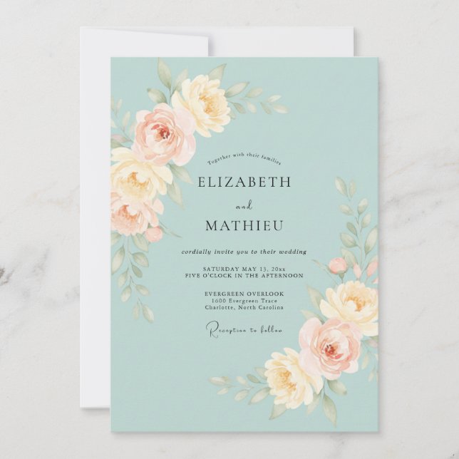 Convites Casamento com Folhas de Damasco Celeste (Frente)