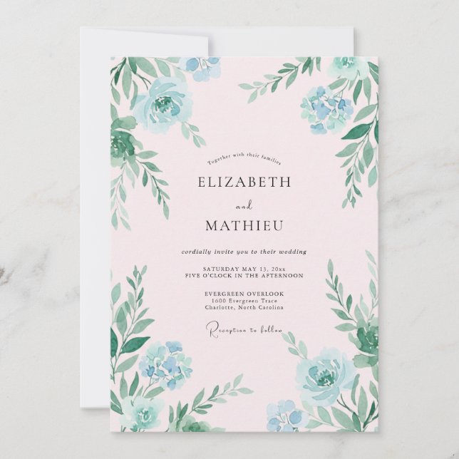 Convites Casamento com Folhas de Hortelã Aquática Pintadas  (Frente)