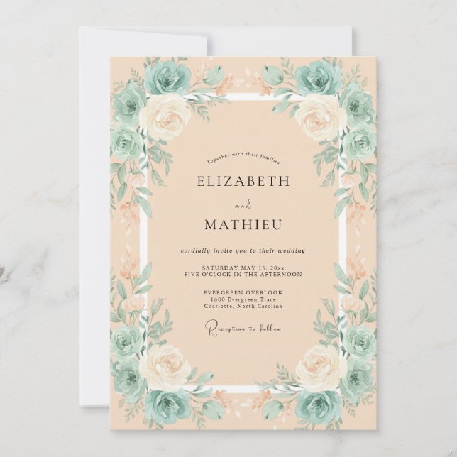 Convites Casamento com Folhas de Hortelã e Champanhe (Frente)