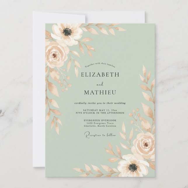 Convites Casamento com Folhas de Hortelã e Champanhe Rosado (Frente)