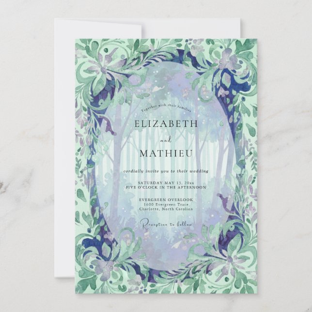 Convites Casamento com Folhas de Hortelã e Periwinkle (Frente)