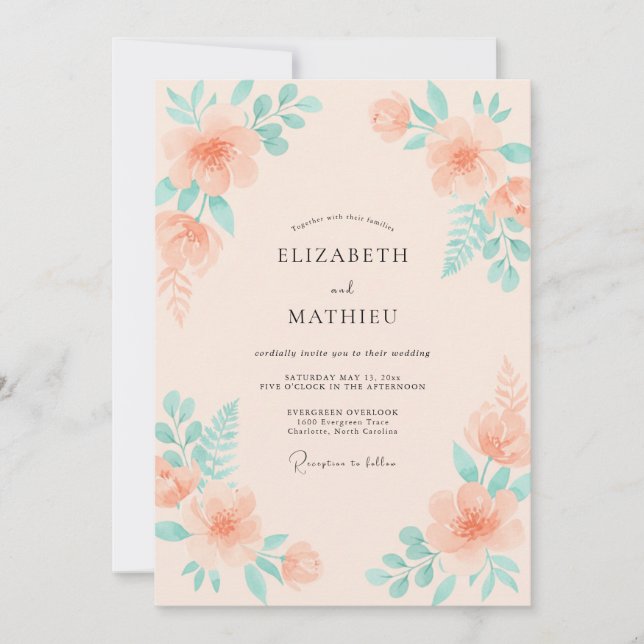 Convites Casamento com Folhas de Hortelã e Pêssego Rosado (Frente)