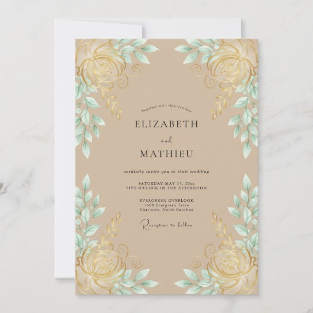 Convites Casamento com Folhas de Hortelã em Aquarela e Cham (Frente)