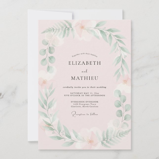 Convites Casamento com Folhas de Hortelã Rosa Rubor (Frente)
