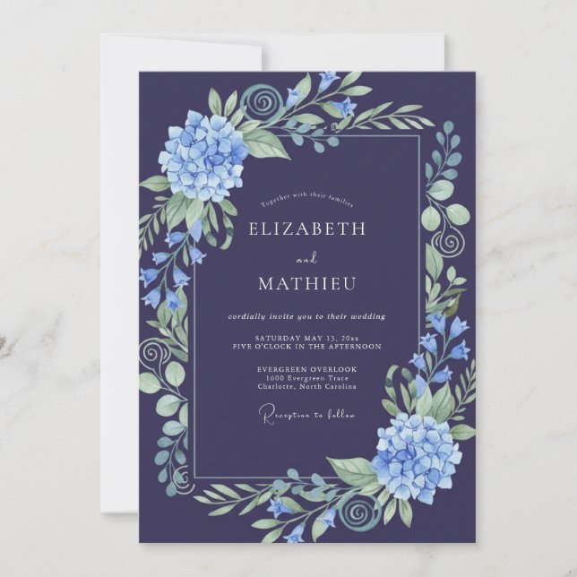 Convites Casamento com Folhas de Hortênsia Índigo (Frente)