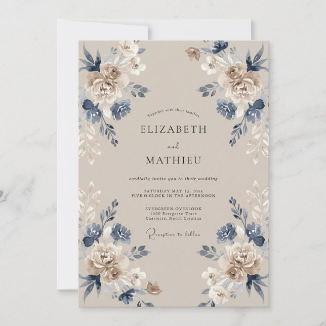 Convites Casamento com Folhas de Índigo Bege (Frente)