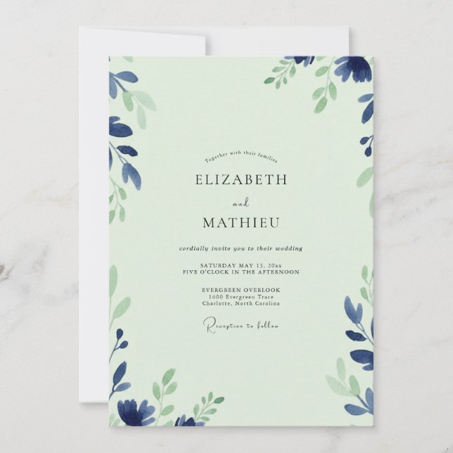Convites Casamento com Folhas de Índigo Menta (Frente)