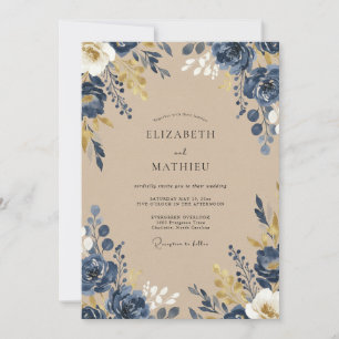 Convites Casamento com Folhas de Indigo Quente Dourado