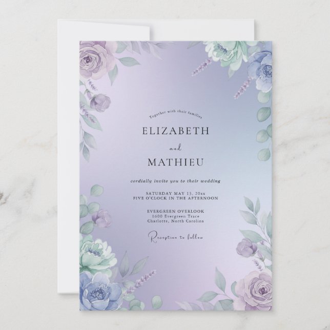 Convites Casamento com Folhas de Lavanda e Periwinkle (Frente)