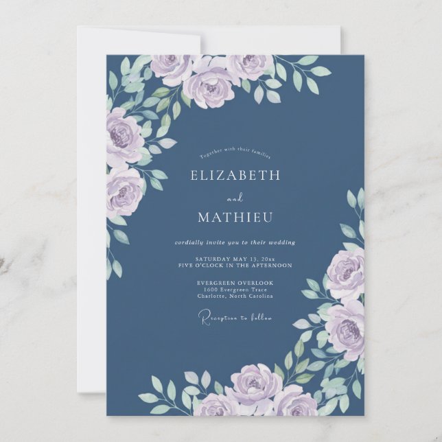 Convites Casamento com Folhas de Lavanda em Slate (Frente)