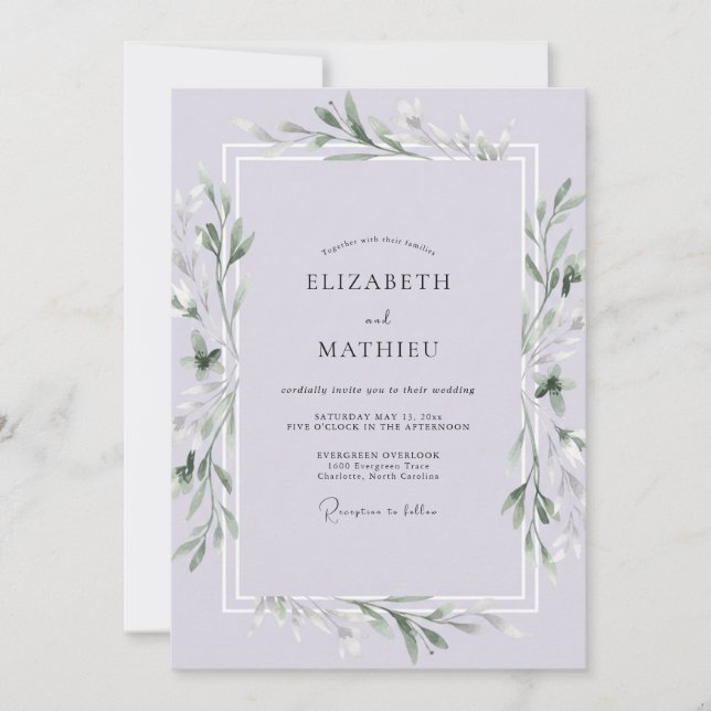 Convites Casamento com Folhas de Lavanda Pálida (Frente)