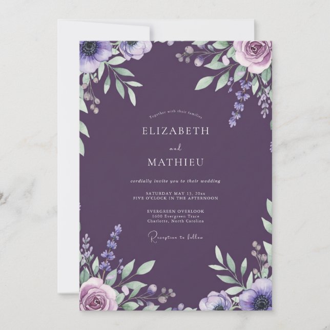 Convites Casamento com Folhas de Lavanda Roxa (Frente)