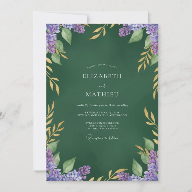Convites Casamento com Folhas de Lilás da Floresta (Frente)