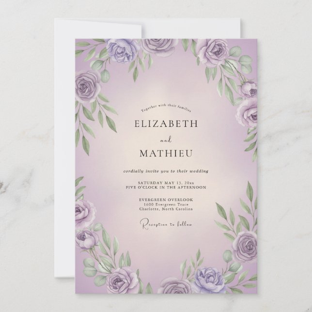 Convites Casamento com Folhas de Lilás Lavanda (Frente)