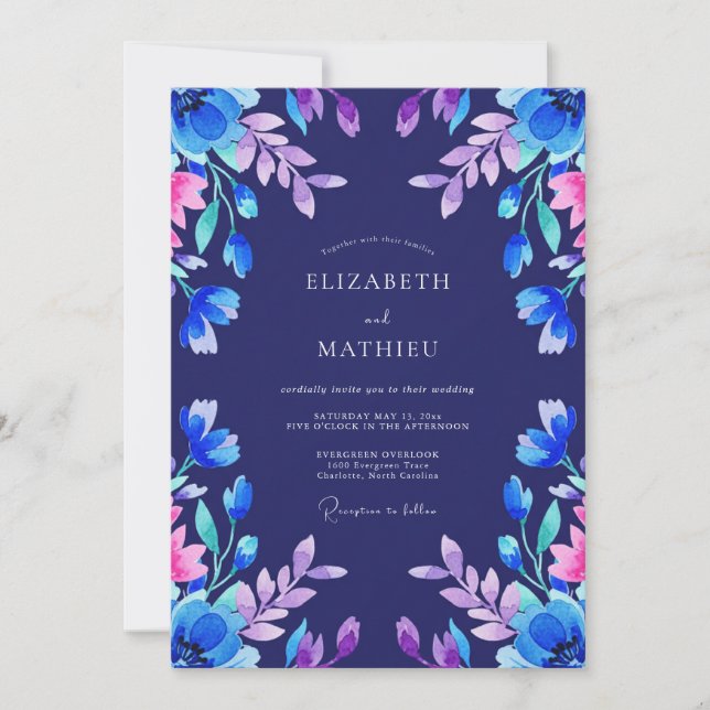 Convites Casamento com Folhas de Magenta Índigo (Frente)