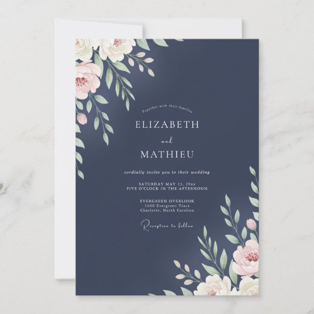 Convites Casamento com Folhas de Marfim à Meia-Noite (Frente)
