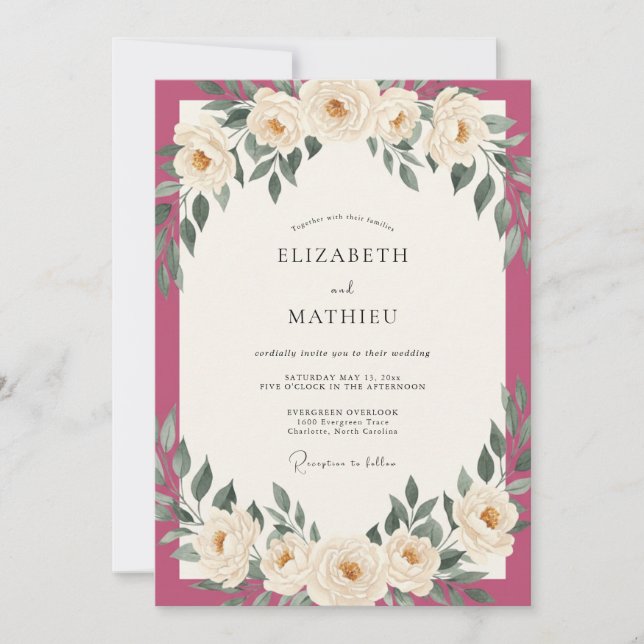 Convites Casamento com Folhas de Marfim Magenta (Frente)
