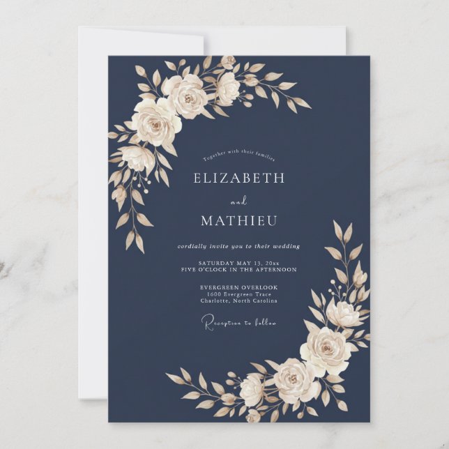 Convites Casamento com Folhas de Marfim Quente à Meia-Noite (Frente)