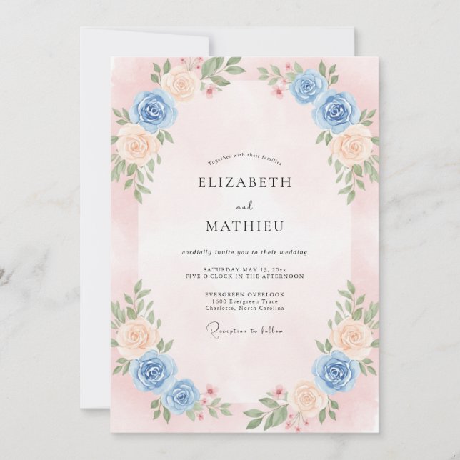 Convites Casamento com Folhas de Marfim Rosado (Frente)