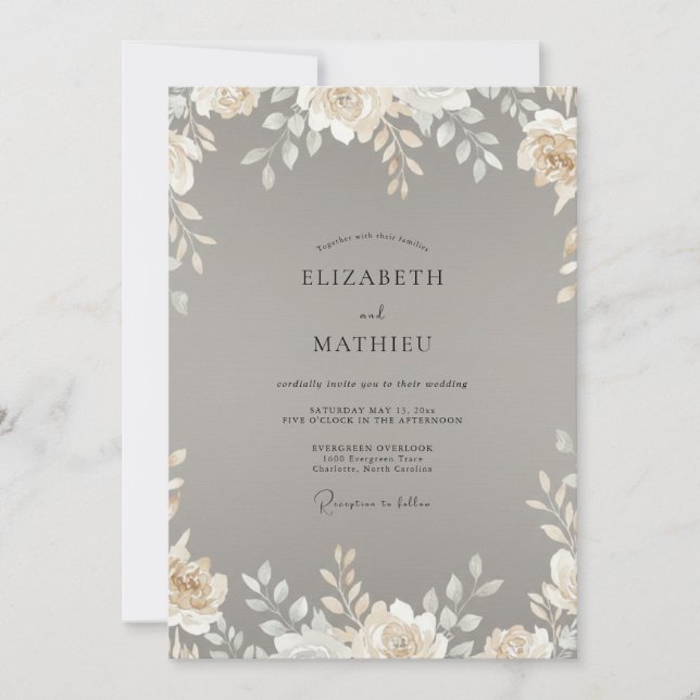 Convites Casamento com Folhas de Marfim Taupe (Frente)