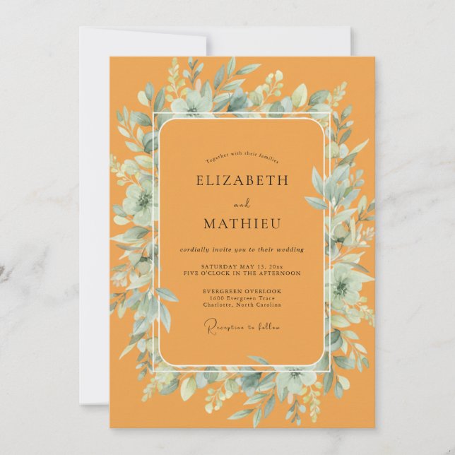 Convites Casamento com Folhas de Marigold Teal (Frente)