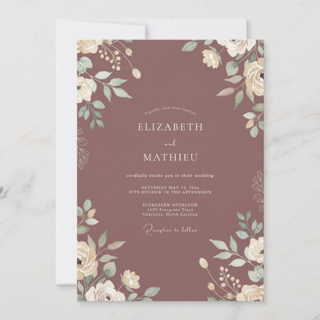Convites Casamento com Folhas de Mauve Suave (Frente)