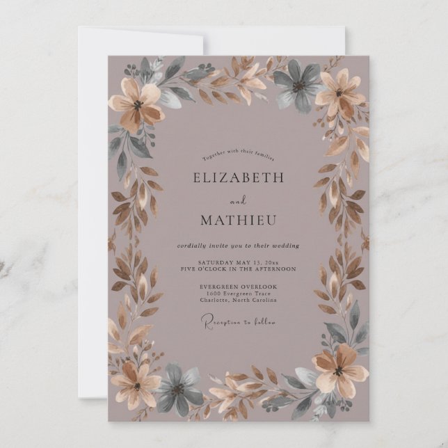 Convites Casamento com Folhas de Mauve Suave Silenciado (Frente)