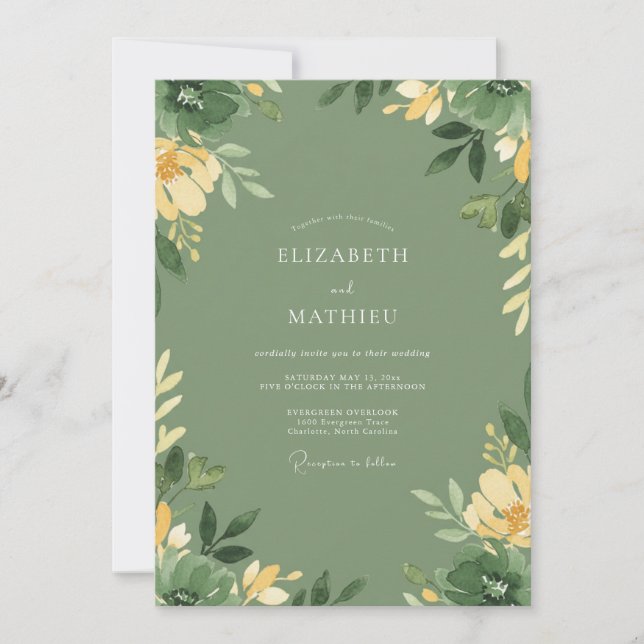 Convites Casamento com Folhas de Musgo Amarelo (Frente)
