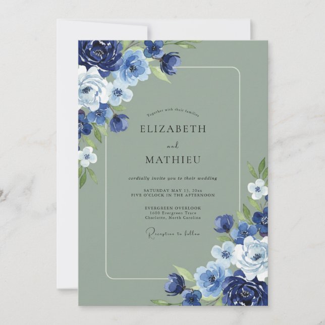 Convites Casamento com Folhas de Musgo Índigo (Frente)