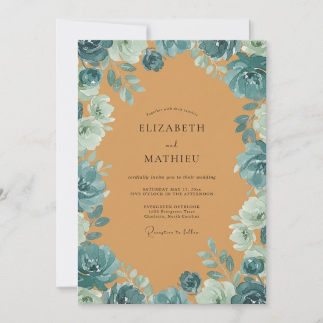 Convites Casamento com Folhas de Ocre Azul (Frente)