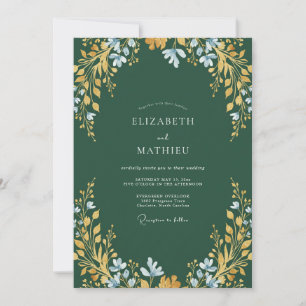 Convites Casamento com Folhas de Ocre Azul-Esverdeado Escur