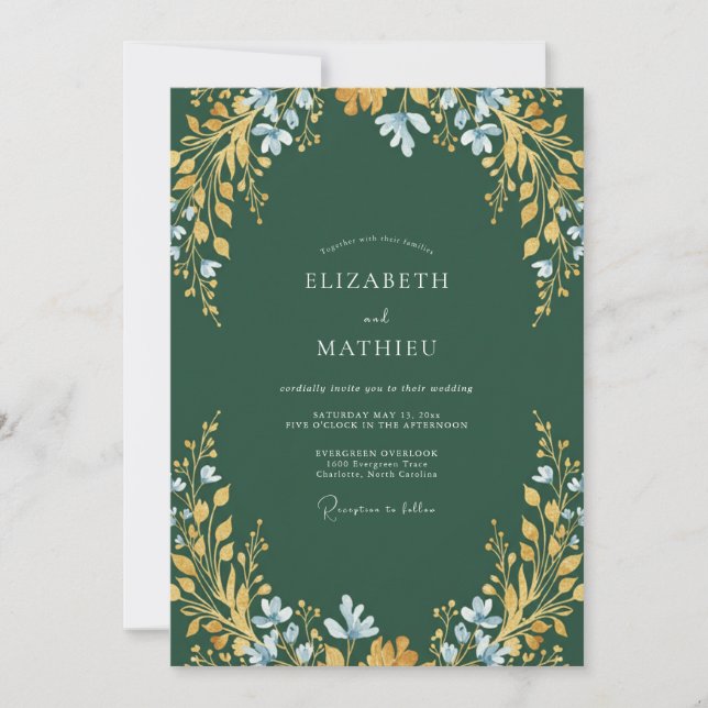 Convites Casamento com Folhas de Ocre Azul-Esverdeado Escur (Frente)