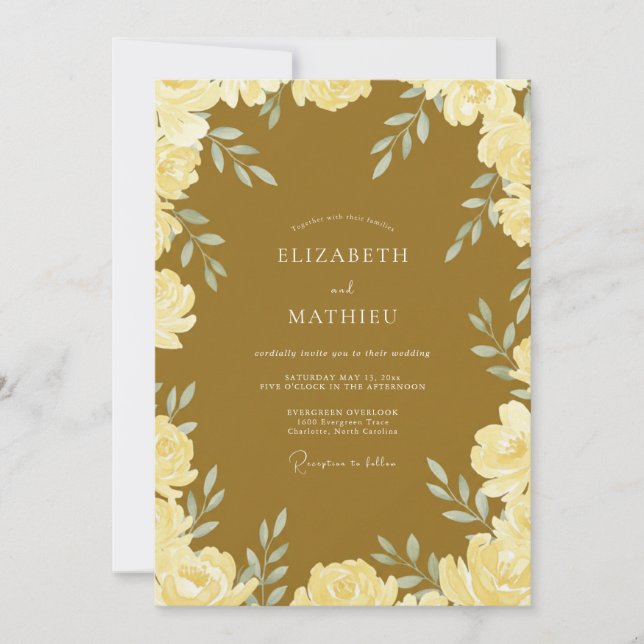 Convites Casamento com Folhas de Ocre Dourado (Frente)
