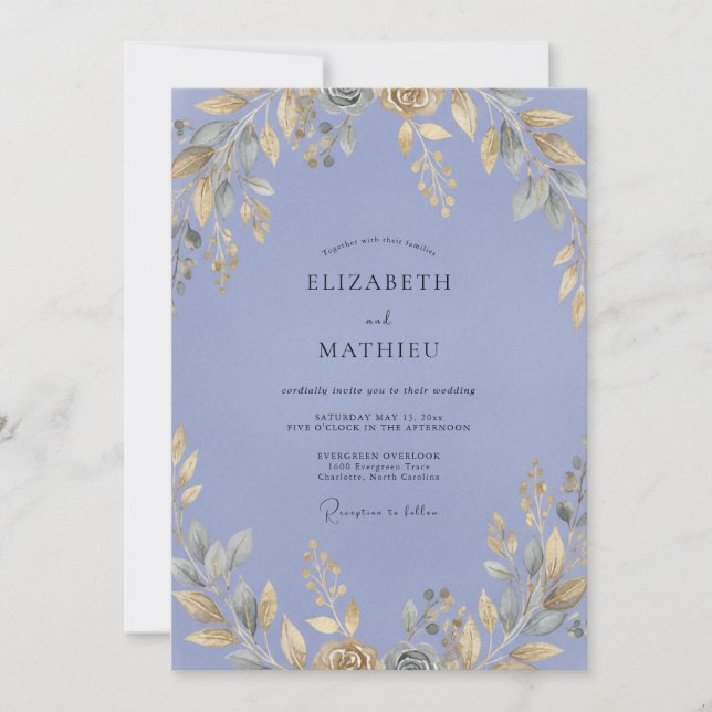 Convites Casamento com Folhas de Ocre e Periwinkle (Frente)
